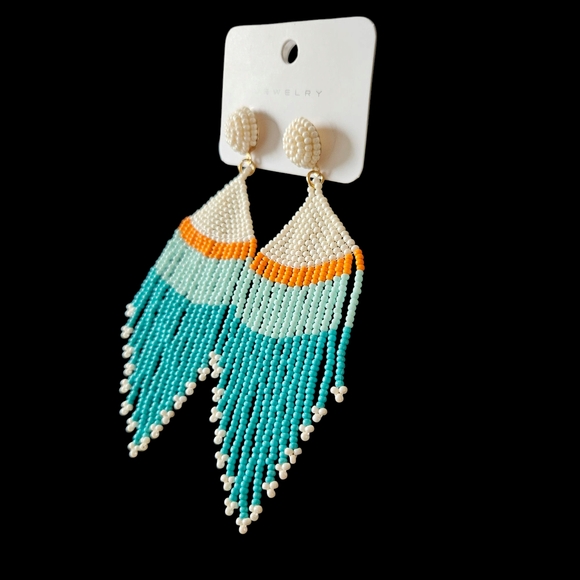 NWT - Elegant Beaded Fringe Earrings - Turquoise, Orange, and Cream - Picture 4 of 7